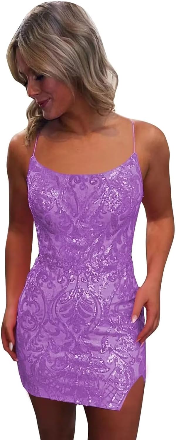 Pink Spaghetti Straps Sequined Homecoming Dresses