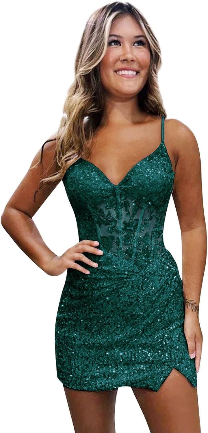 Purple Sparkly V-Neck Sequin Short Homecoming Dresses
