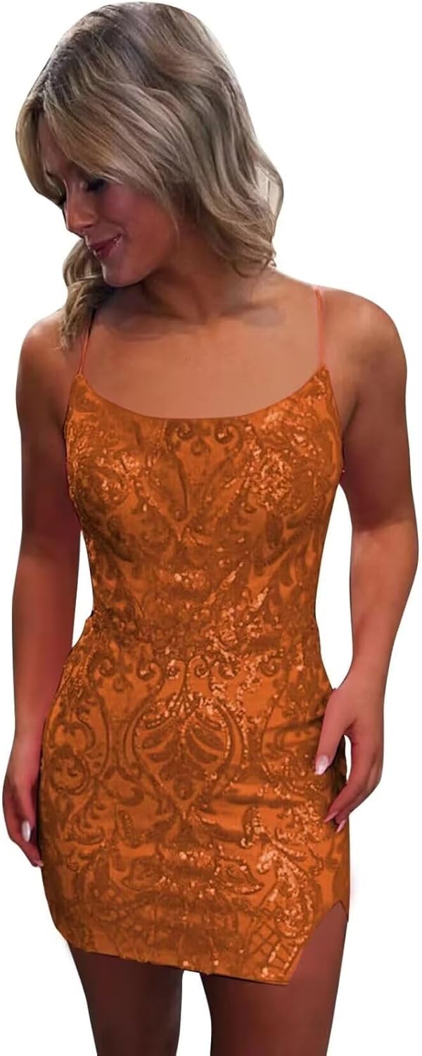 Pink Spaghetti Straps Sequined Homecoming Dresses