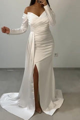 Off-The-Shoulder Sweetheart Long Sleeve Front Split Mermaid Evening Dress with Ruffle