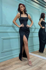 Black Shoulder Strap Front Split Mermaid Evening Dress with Beading