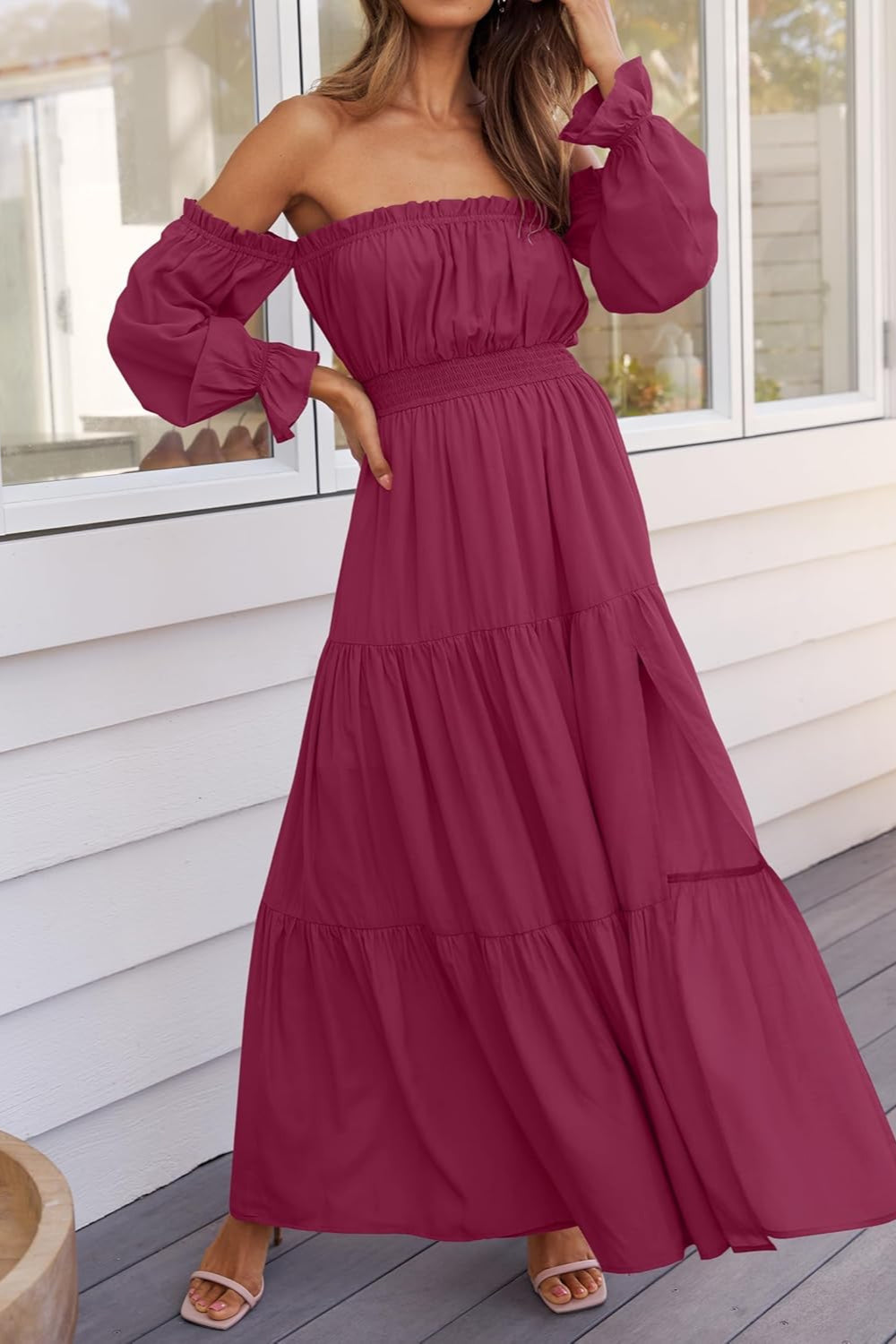 Boho Off-the-Shoulder Long Sleeves High Waist Formal Dress