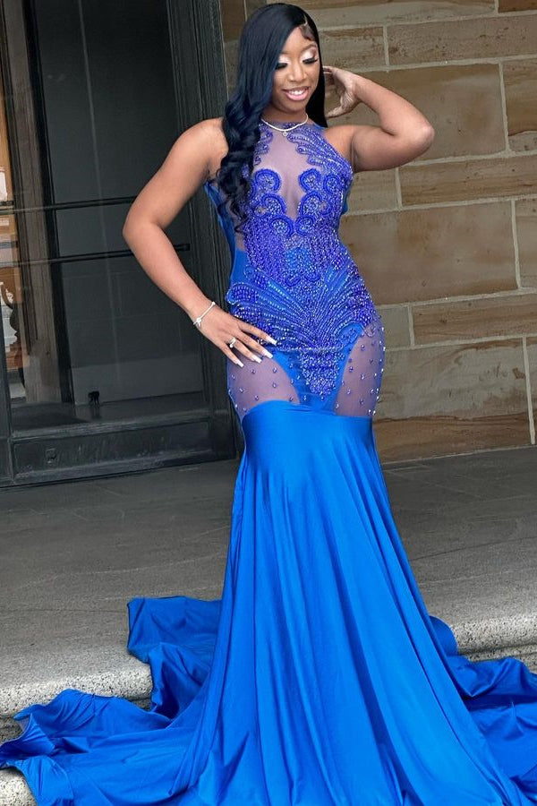 Royal Blue Long Sleeveless Evening Dress with Tulle Appliques and Beadings