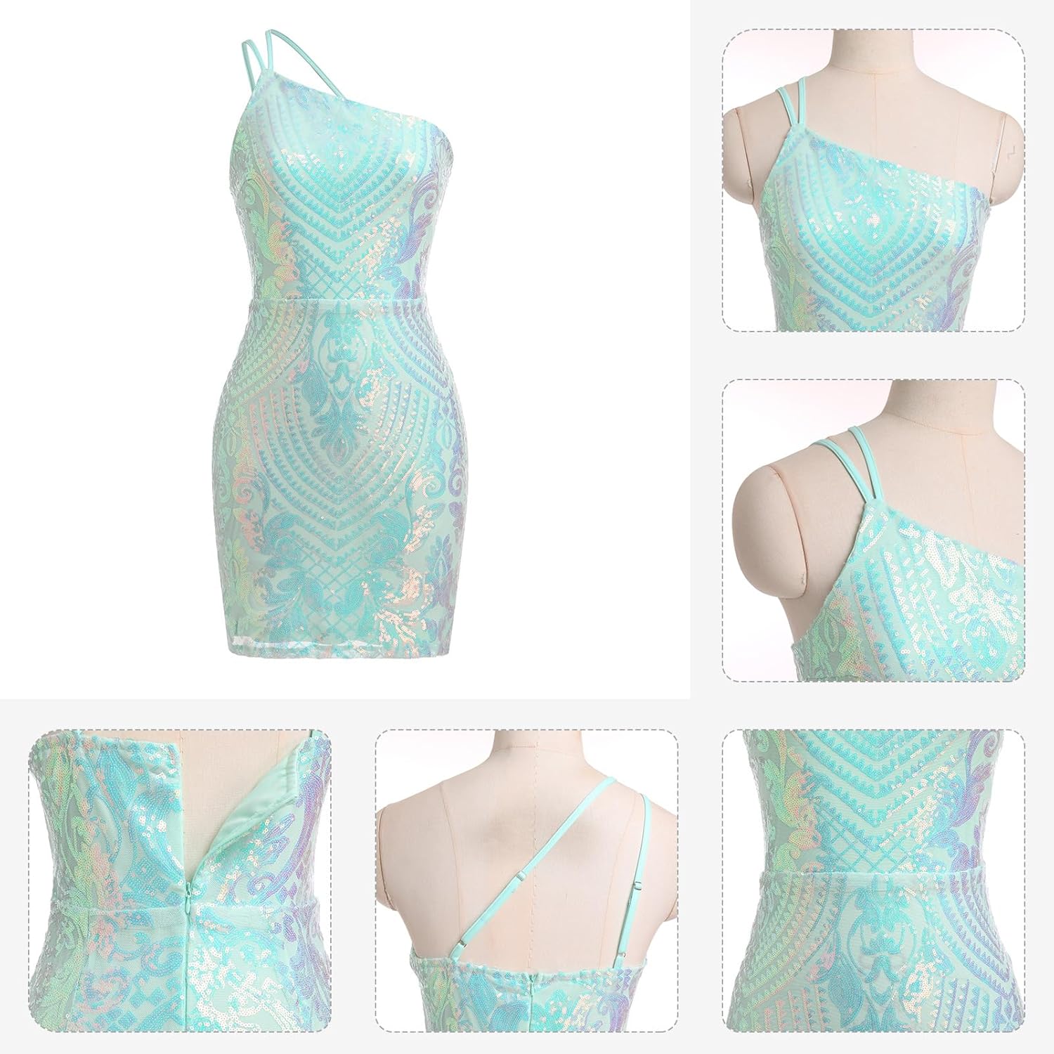 Sparkly Mint Green Sequin One Shoulder Short Homecoming Dress
