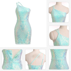Sparkly Mint Green Sequin One Shoulder Short Homecoming Dress