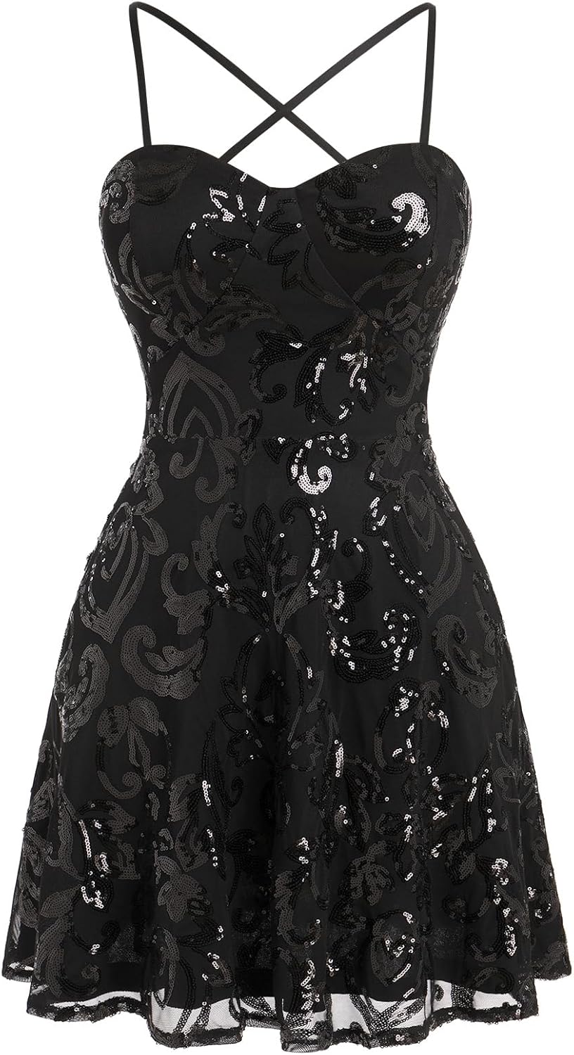 Black Spaghetti Straps Sequins A-line Homecoming Dress