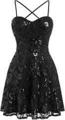 Black Spaghetti Straps Sequins A-line Homecoming Dress