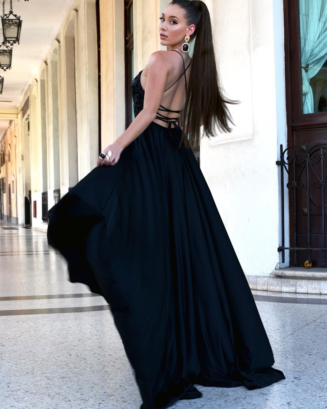 Dark Navy Spaghetti-Strap Evening Dress with Slit