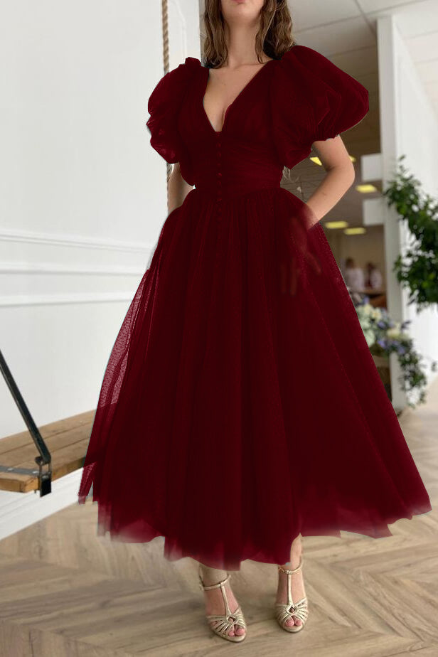 Dark Green V-Neck Short Sleeve A-Line Evening Dress On Sale