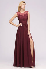Burgundy Illusion Lace A-Line Bridesmaid Dress