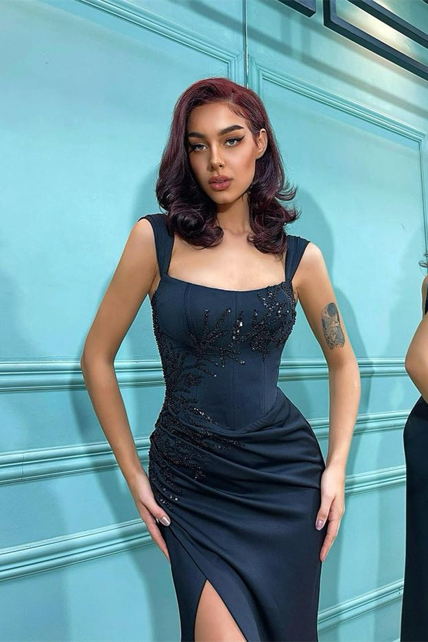 Black Shoulder Strap Front Split Mermaid Evening Dress with Beading