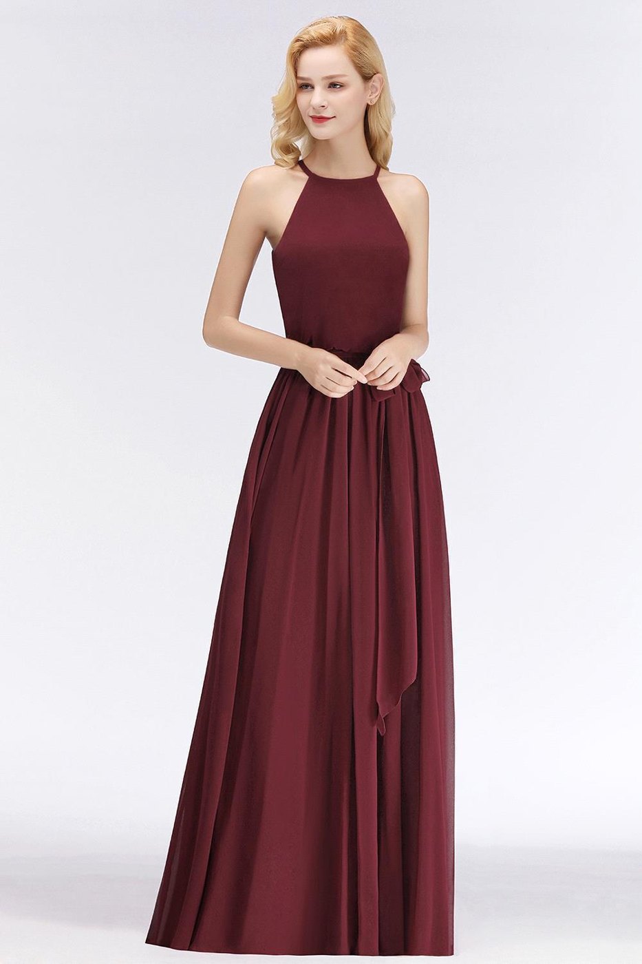 Burgundy Halter Chiffon A-Line Bridesmaid Dress