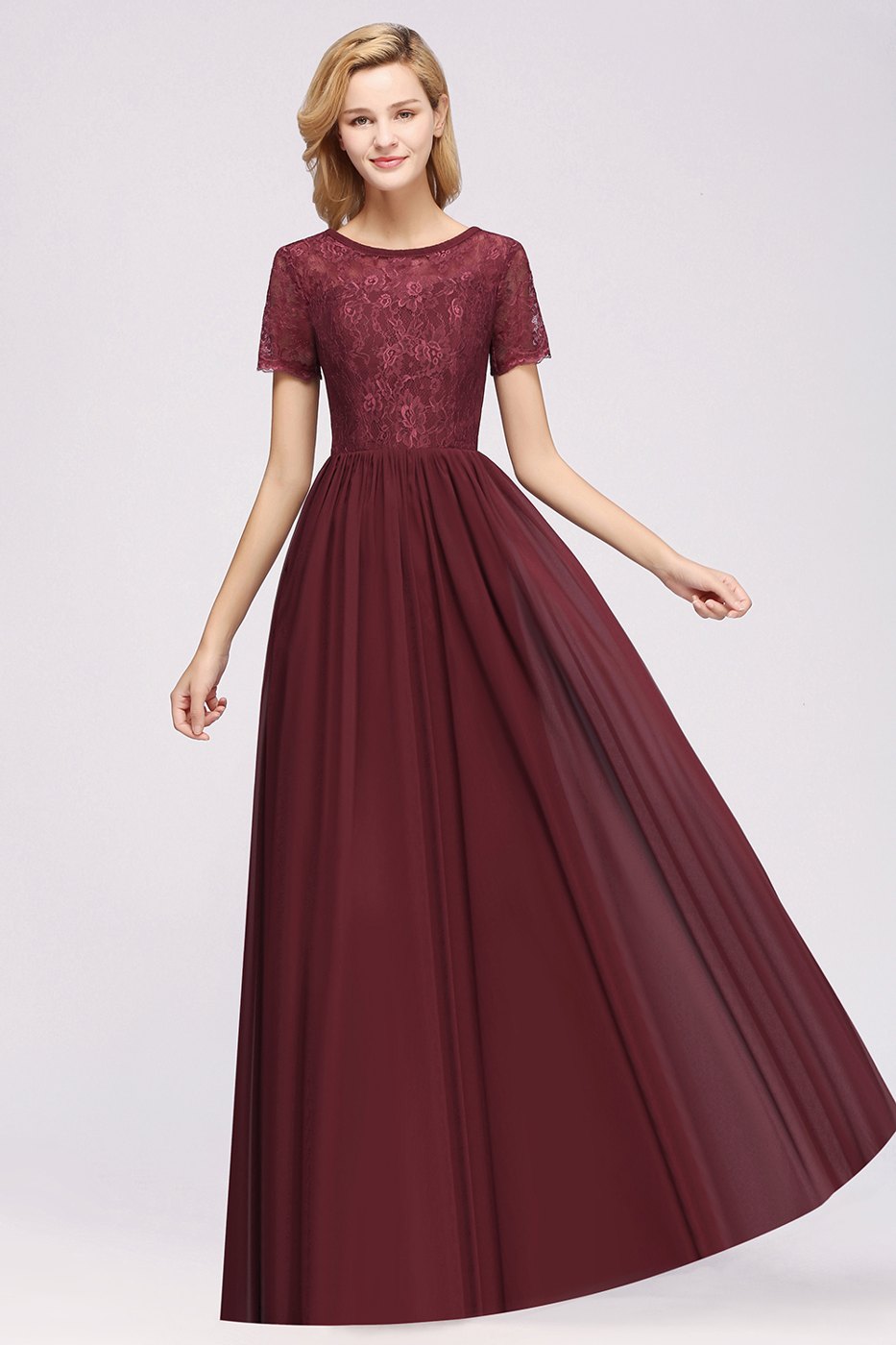 Burgundy Round Neck Lace A-Line Bridesmaid Dress