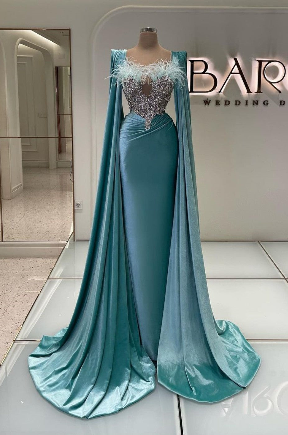 Sky Blue Evening Dress Feather Long Sleeves with Beadings Mermaid Appliques