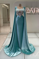 Sky Blue Evening Dress Feather Long Sleeves with Beadings Mermaid Appliques