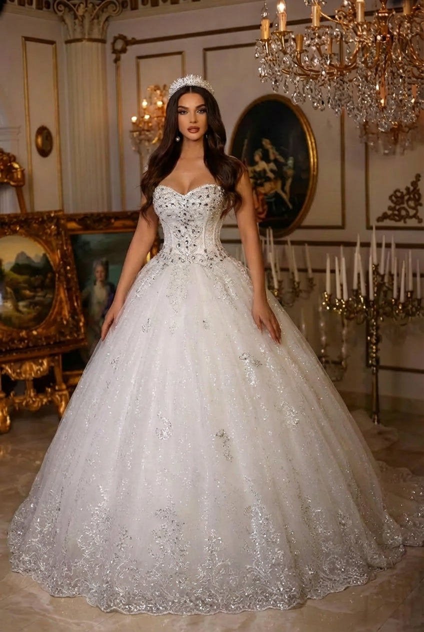 Modest ivory sweetheart beaded tulle ball gown wedding dress - 27dress