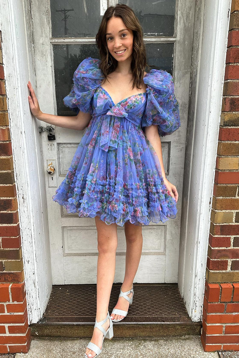 Fuchsia Puff Sleeves A-Line Floral Short Homecoming Dress with Ruffles