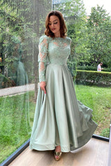 Dusty Sage Long Sleeve Evening Dress with Split Lace