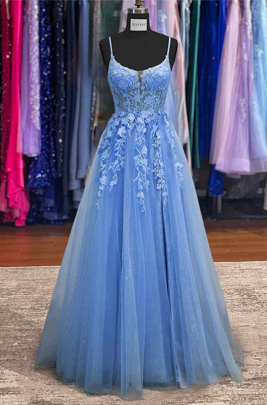 A-line Bateau Sleeveless Tulle Long Prom Dress with Appliqued-27dress