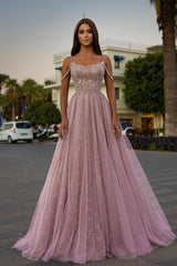 A-Line Bateau Spaghetti Sleeveless Tulle Long Prom Dresses with Pleats