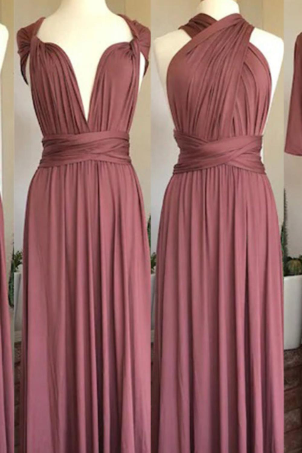 Dusty Pink Multiway Ruffles A-Line Bridesmaid Dresses Long