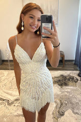 Backless Spaghetti Straps Tassel White Short Homecoming Dress