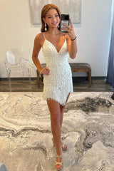Backless Spaghetti Straps Tassel White Short Homecoming Dress