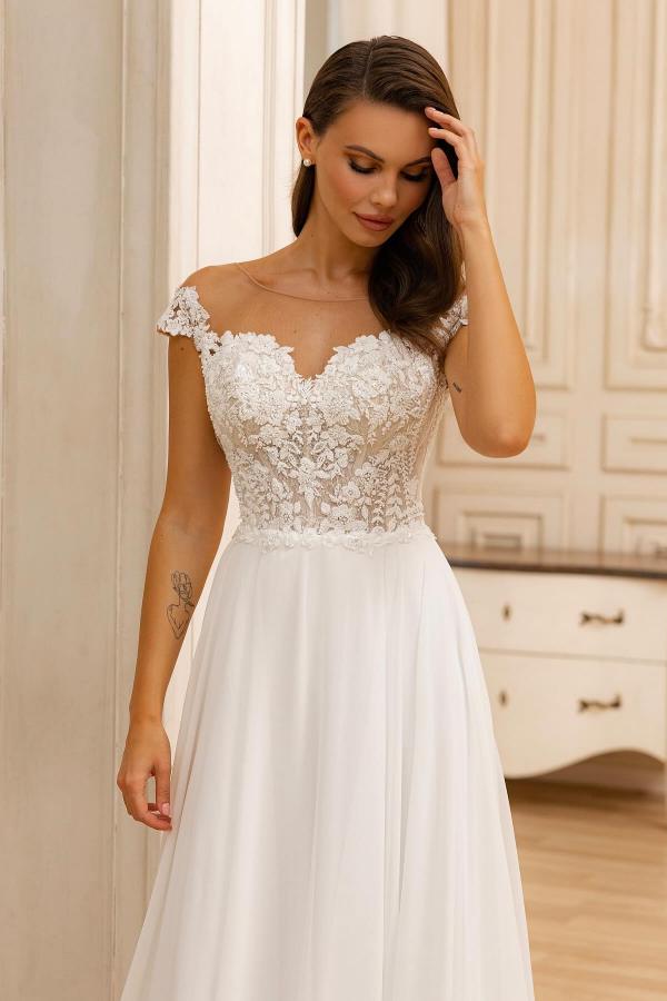 sleeveless off the shoulder women's short white wedding dresses Elegant A-Line Tulle Off-Shoulder Wedding Dress with Train