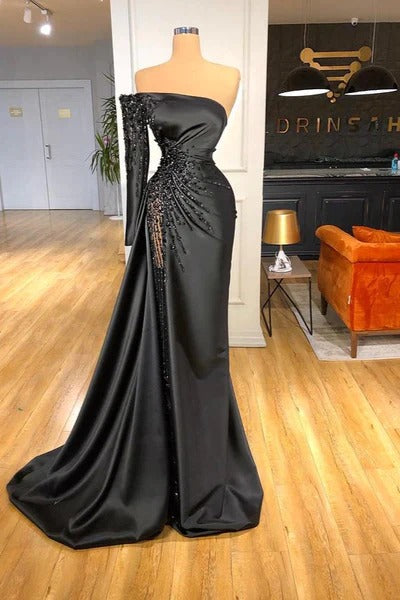 Long A-line One Shoulder Satin Beading Prom Dress With Long Sleeve