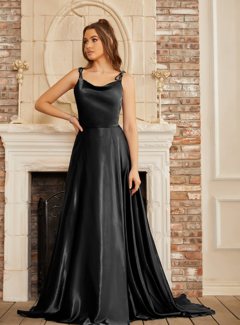 Black Cowl Neck Satin A-Line Long Prom Dress with Bow