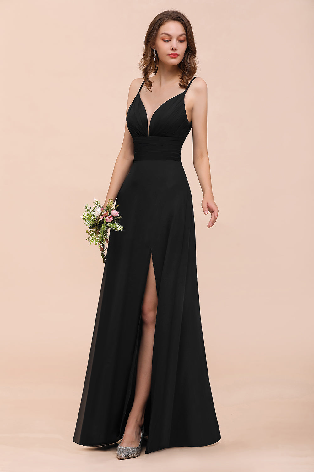 Black Deep V-Neck Chiffon A-Line Long Bridesmaid Dress with Slit
