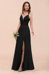 Black Deep V-Neck Chiffon A-Line Long Bridesmaid Dress with Slit