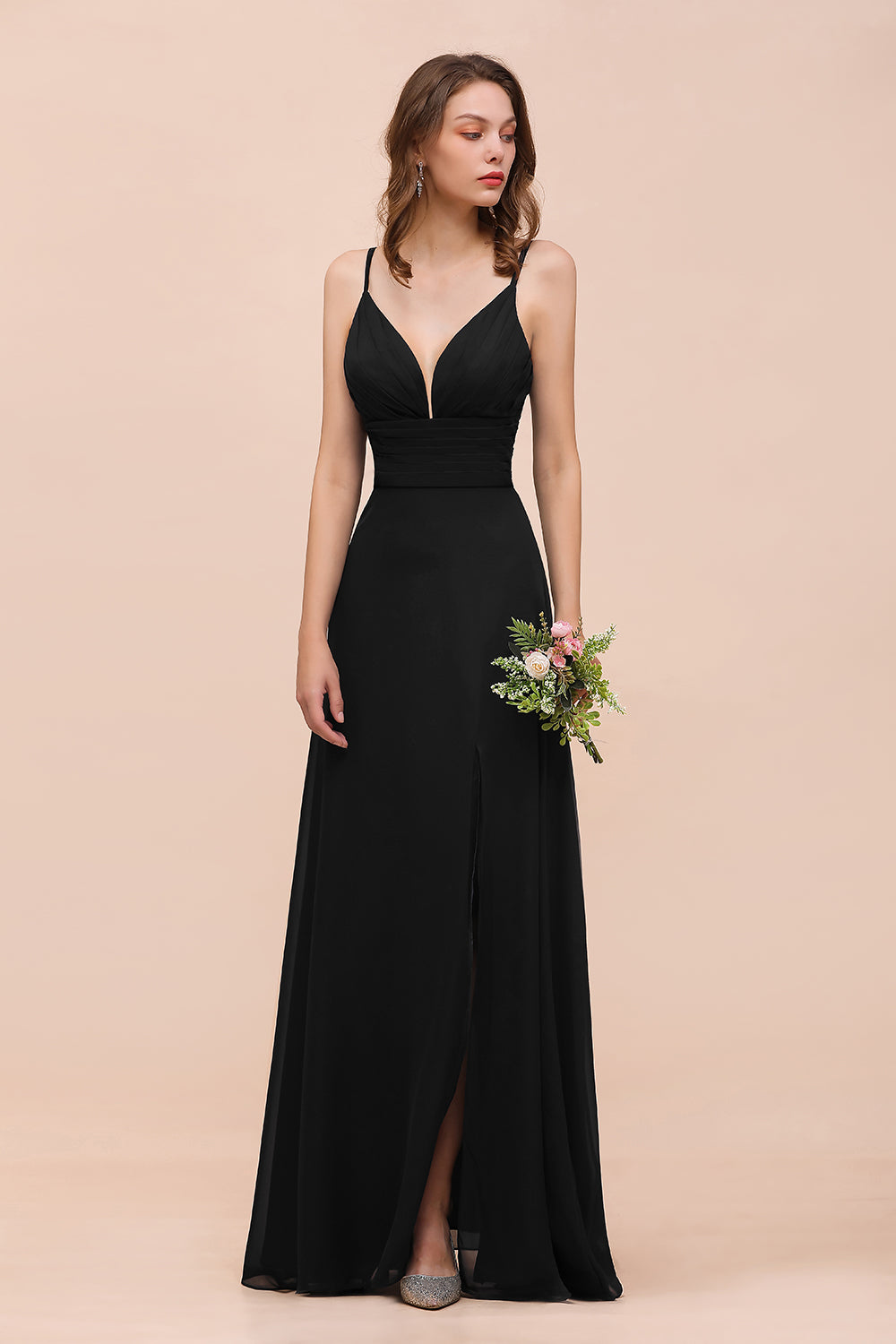 Black Deep V-Neck Chiffon A-Line Long Bridesmaid Dress with Slit