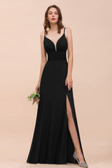 Black Deep V-Neck Chiffon A-Line Long Bridesmaid Dress with Slit