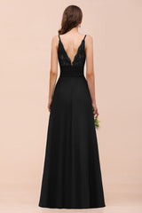 Black Deep V-Neck Chiffon A-Line Long Bridesmaid Dress with Slit Back View