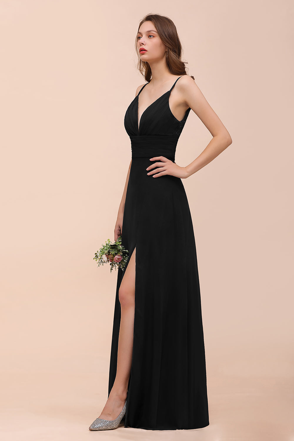 Black Deep V-Neck Chiffon A-Line Long Bridesmaid Dress with Slit Side View