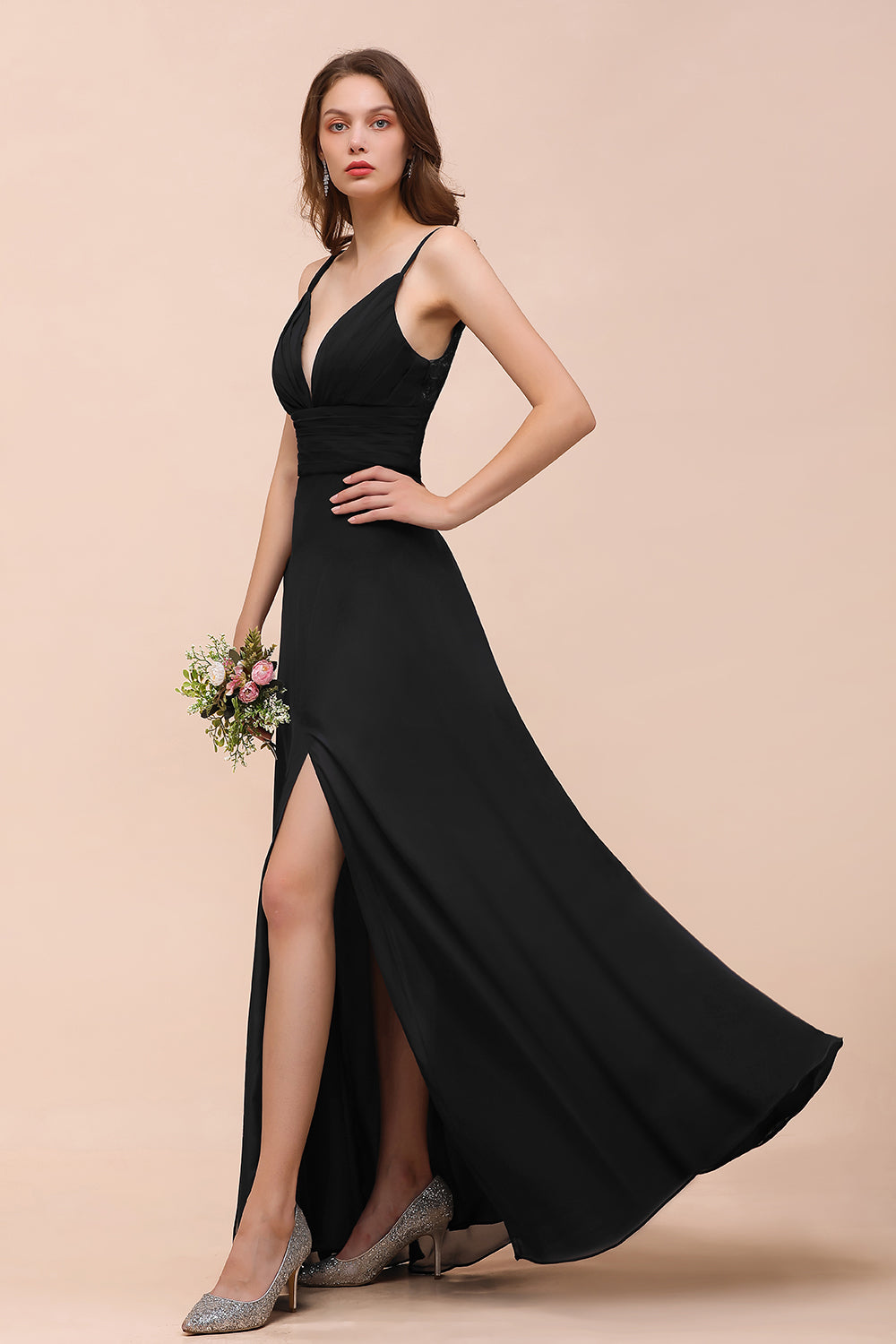 Black Deep V-Neck Chiffon A-Line Long Bridesmaid Dress with Slit Side View