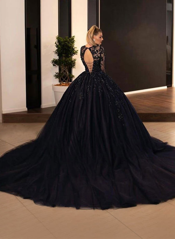 Black Deep V-Neck Tulle Ball Gown Chapel Train Wedding Dress with Lace Appliques and Long Sleeves Back View