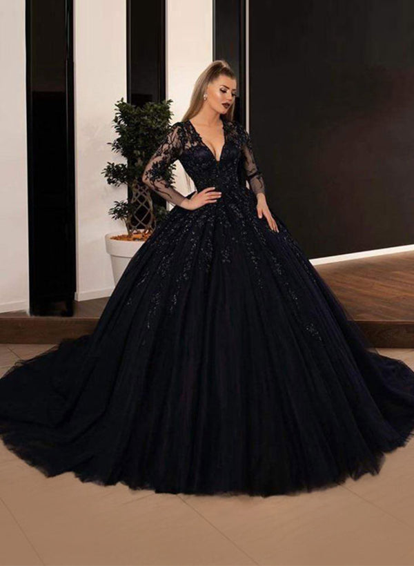 Black Deep V-Neck Tulle Ball Gown Chapel Train Wedding Dress with Lace Appliques and Long Sleeves