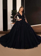 Black Deep V-Neck Tulle Ball Gown Chapel Train Wedding Dress with Lace Appliques and Long Sleeves