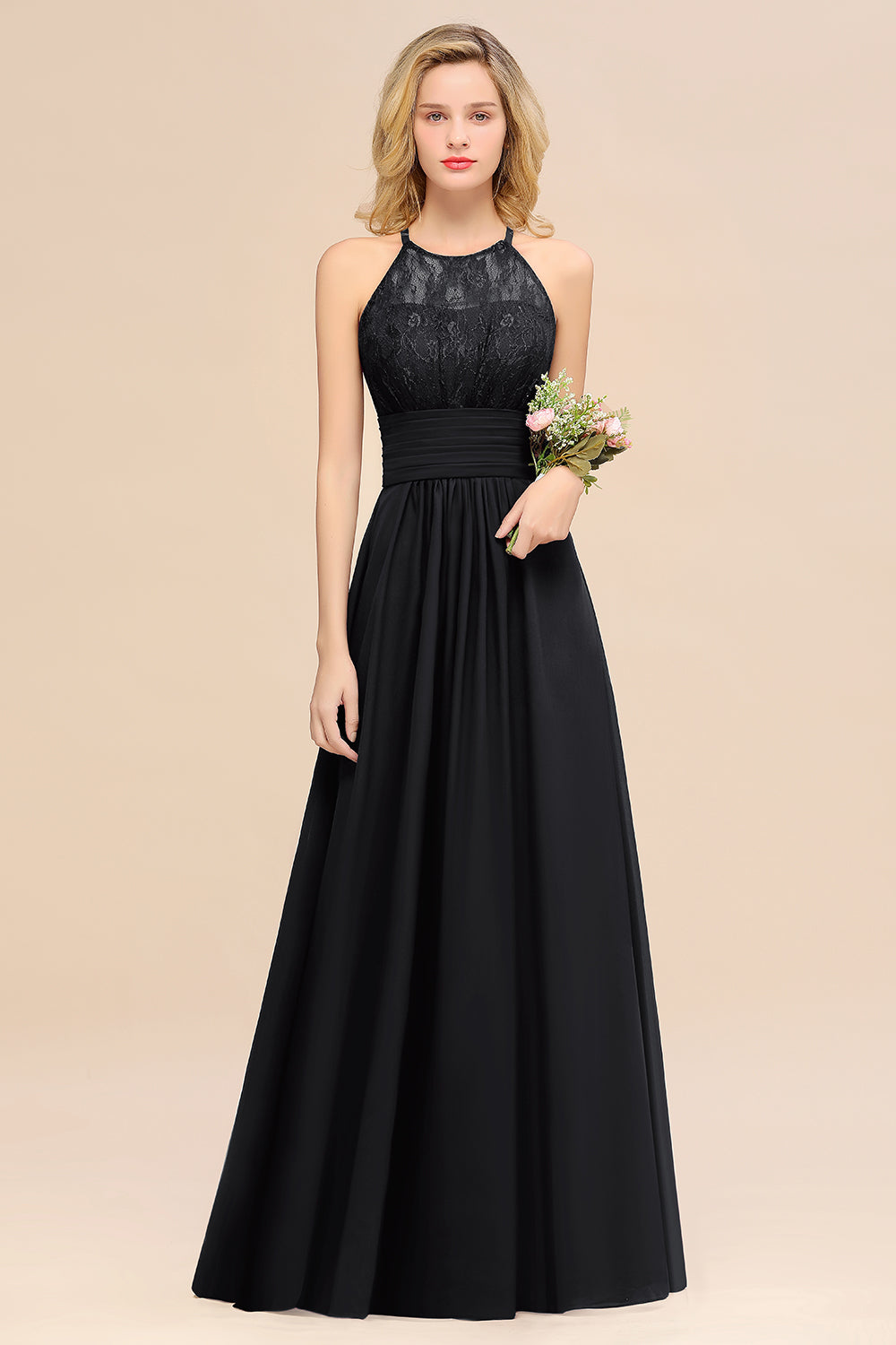 Black Halter Chiffon A-Line Long Bridesmaid Dress