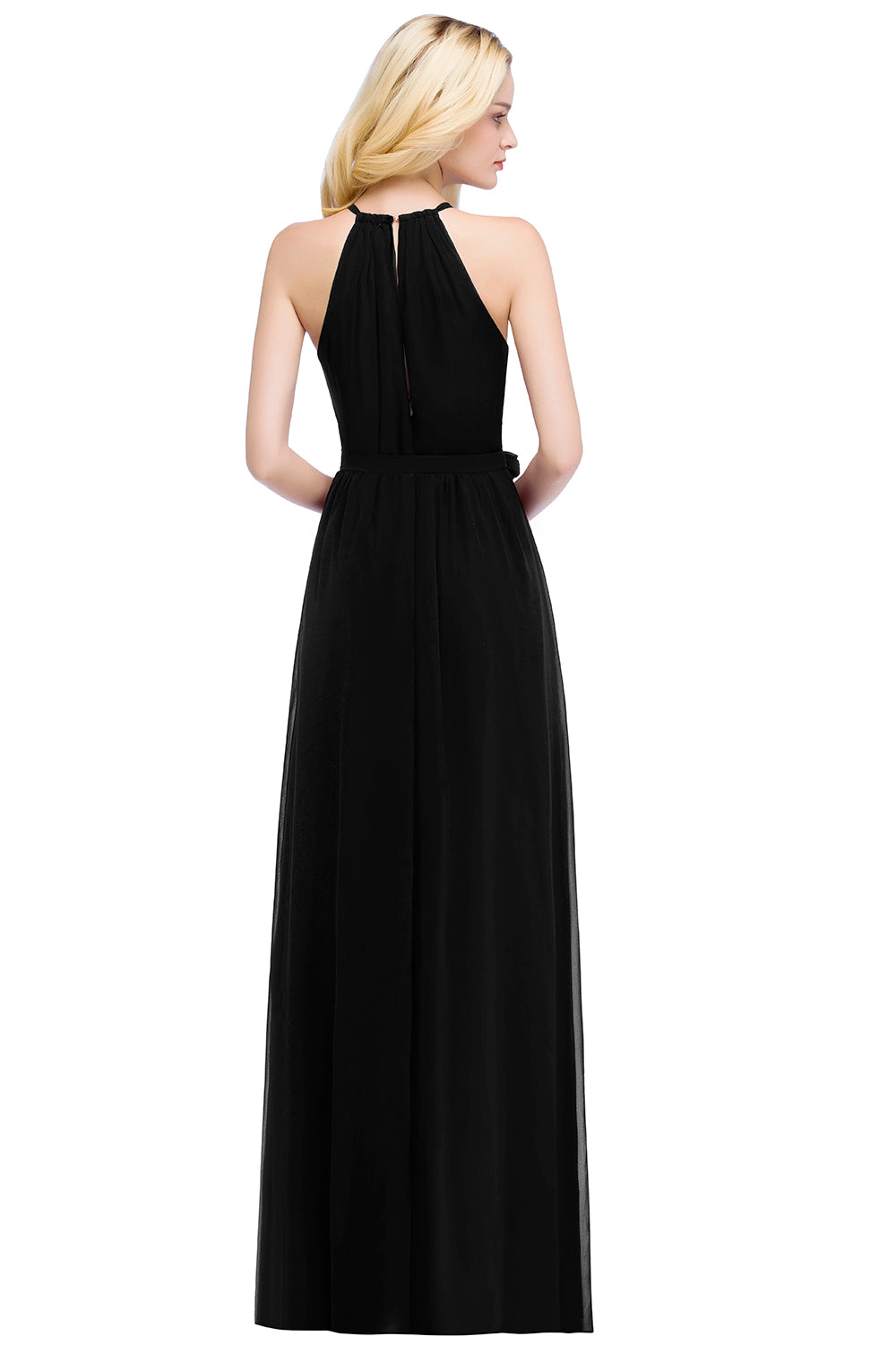 Black Halter Chiffon A-Line Long Bridesmaid Dress with Bow Back View