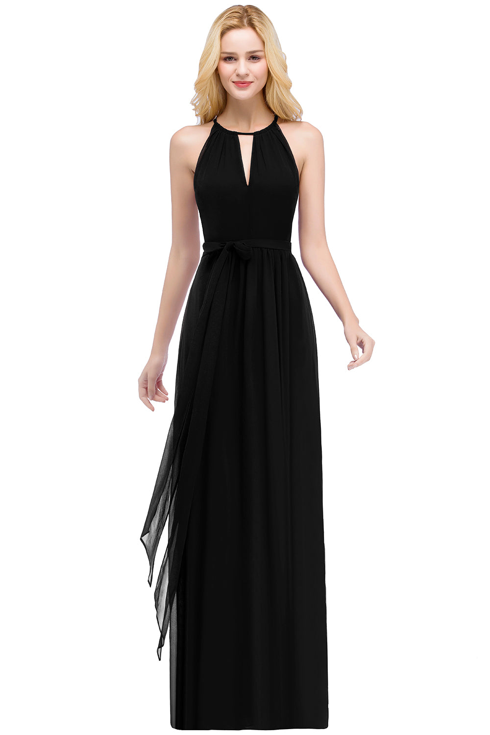 Black Halter Chiffon A-Line Long Bridesmaid Dress with Bow
