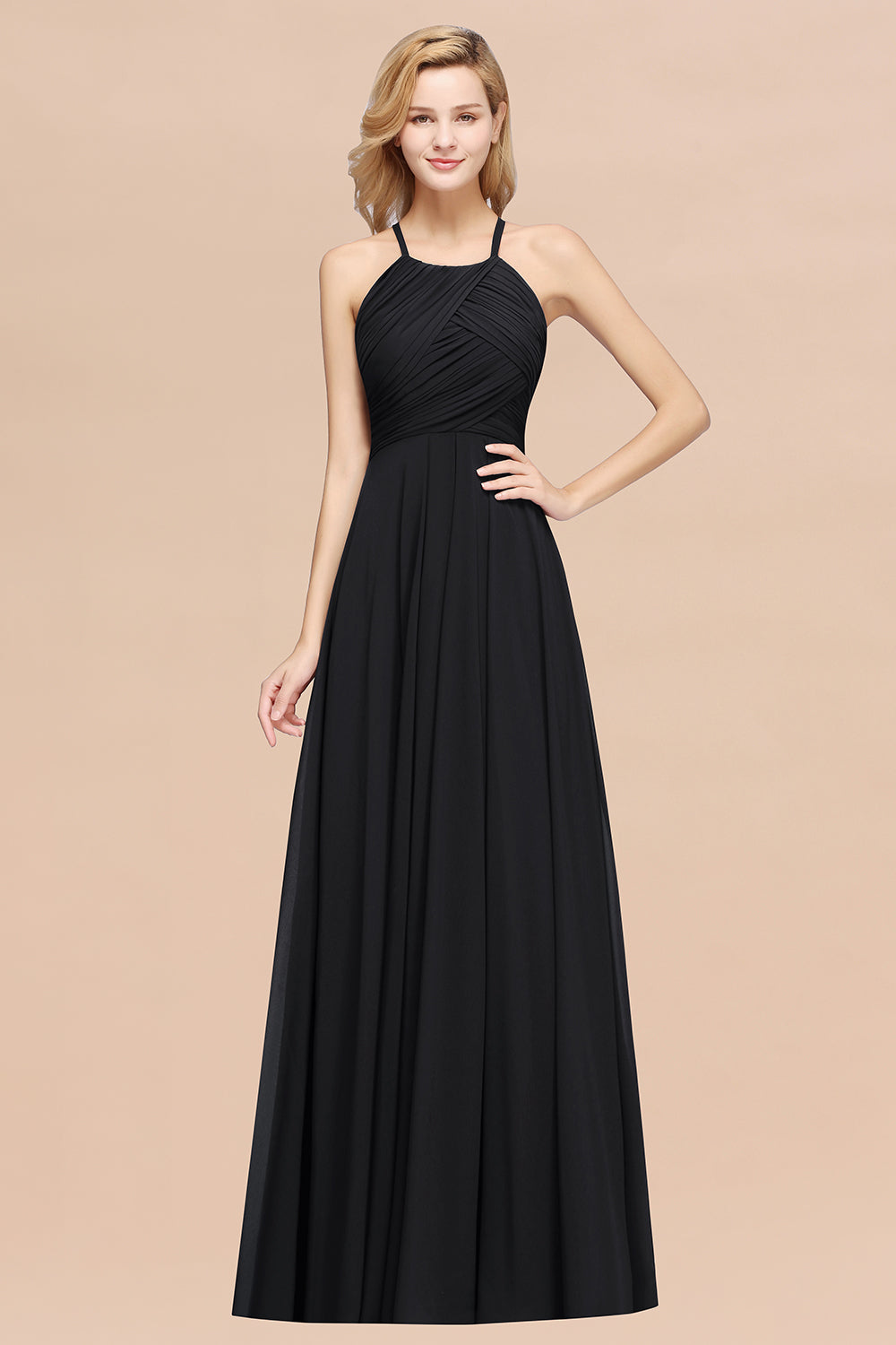Black Halter Chiffon A-Line Long Bridesmaid Dress with Ruching