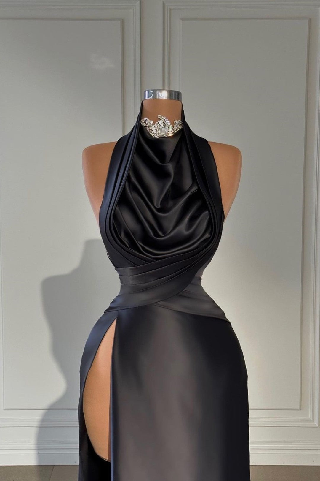 Black High Neck Satin Sheath Long Prom Dress with Slit and Ruching Bodice Detail