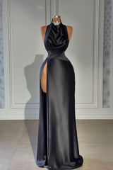 Black High Neck Satin Sheath Long Prom Dress with Slit and Ruching