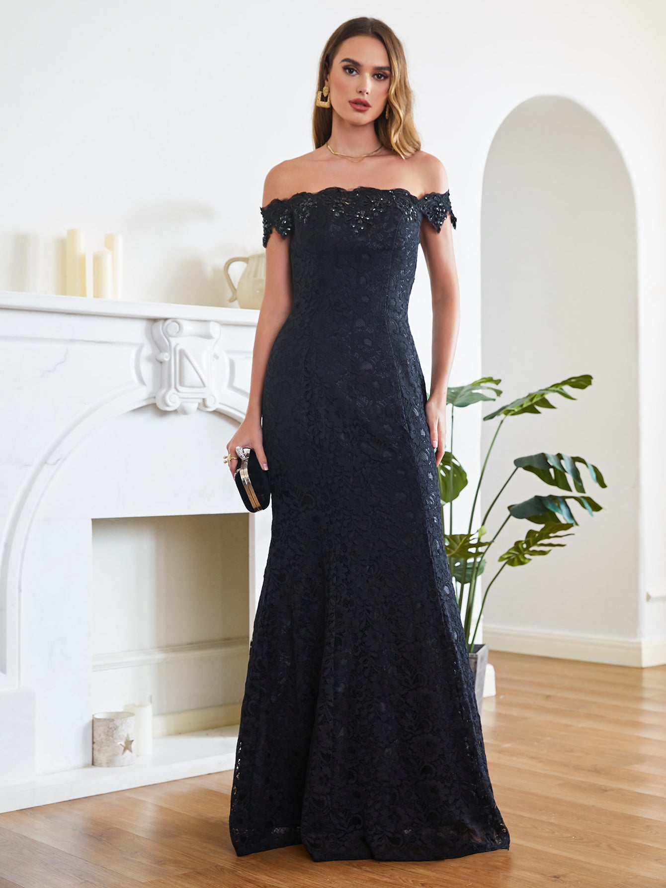 Black Off The Shoulder Lace Mermaid Long Prom Dress