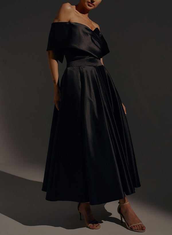 Black Off The Shoulder Satin A-Line Wedding Dress with Pockets