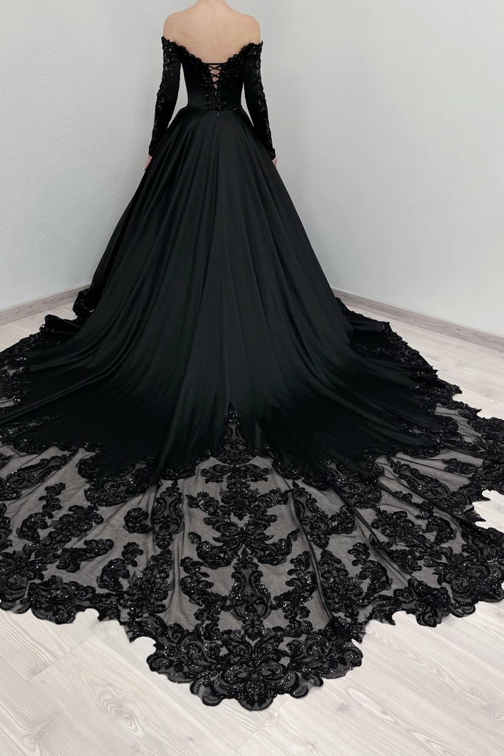 Black Off The Shoulder Satin Ball Gown Chapel Train Wedding Dress with Lace Appliques and Long Sleeves Back View