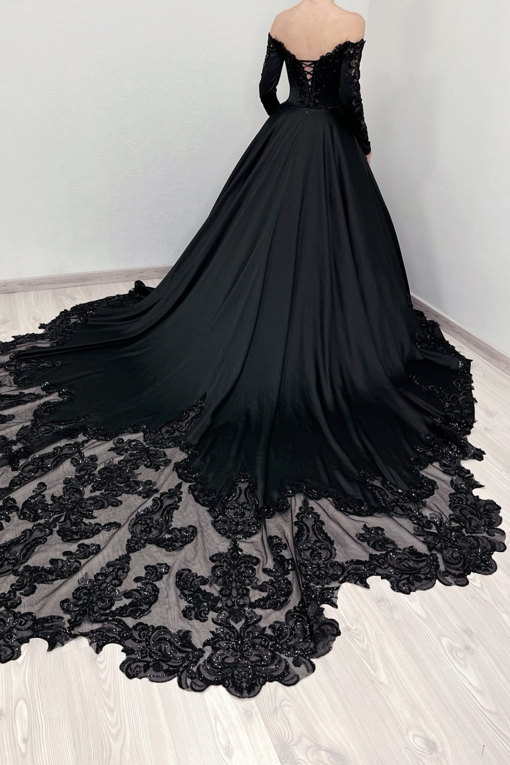 Black Off The Shoulder Satin Ball Gown Chapel Train Wedding Dress with Lace Appliques and Long Sleeves Back View